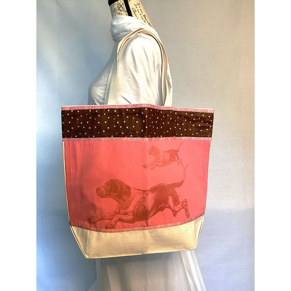 Big Canvas Tote Bag Coral and Brown on Tan Beach Bag NEW with Tags